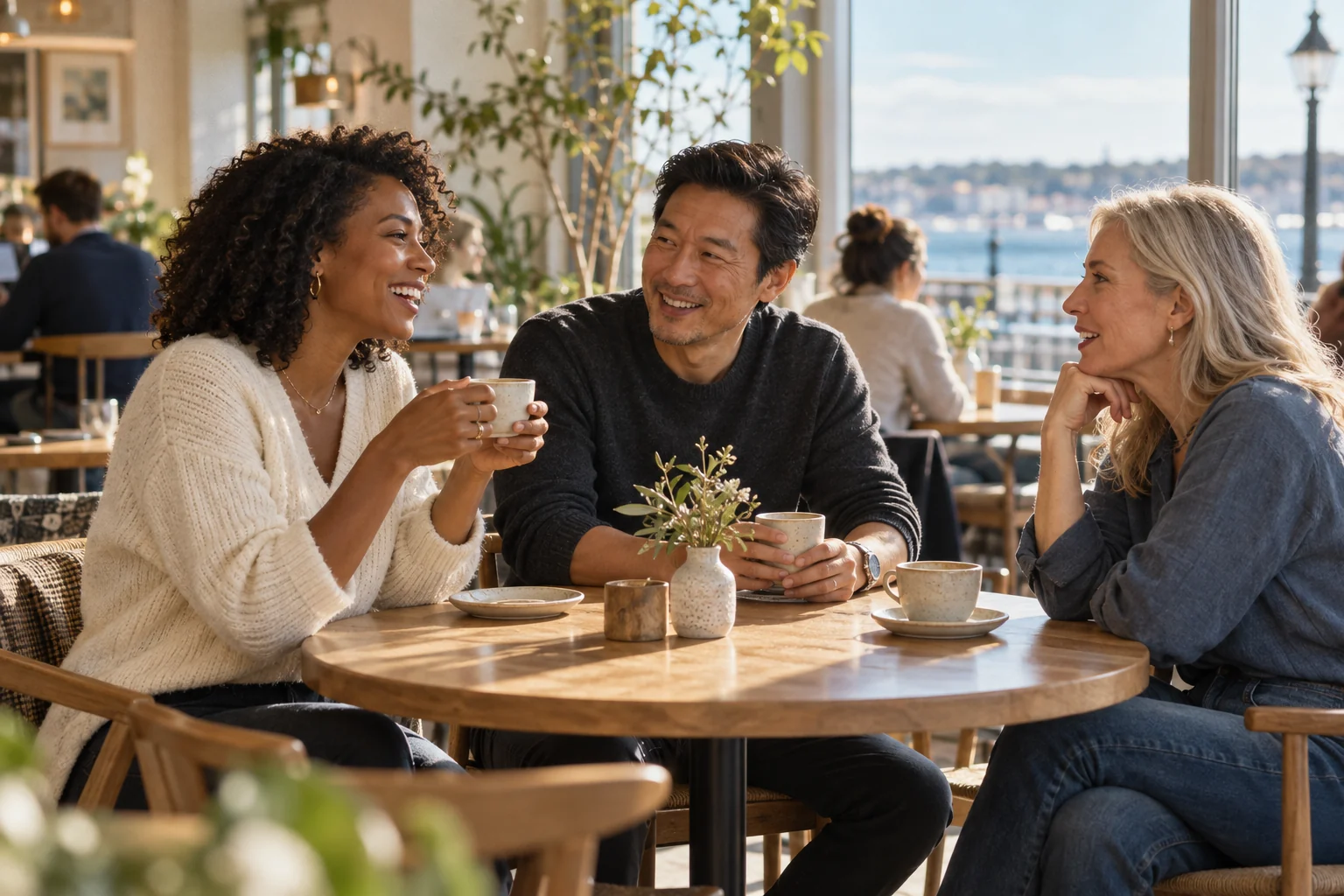 Illustrative scene of three friends enjoying coffee together