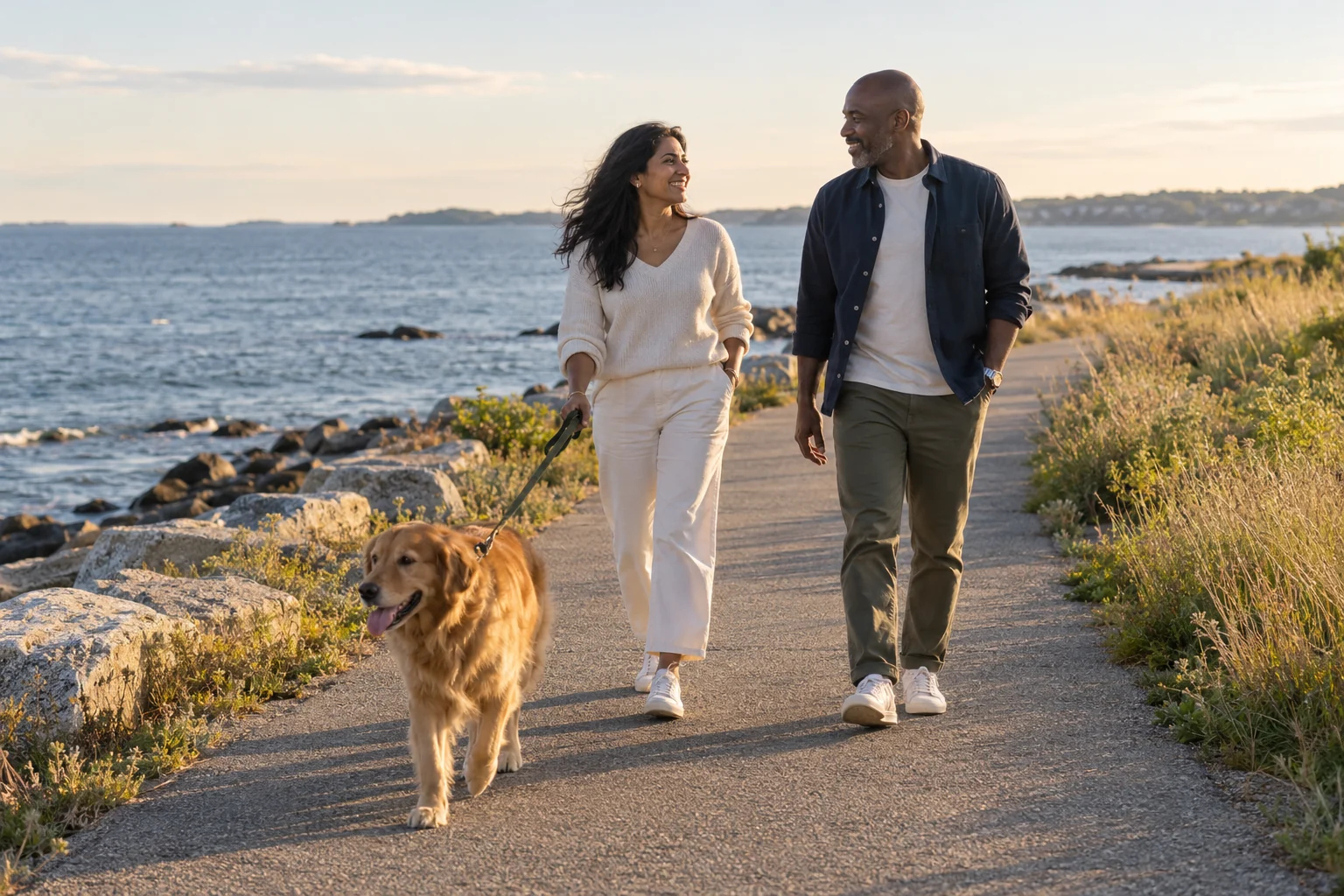 Illustrative scene of two adults walking a dog beside the coast